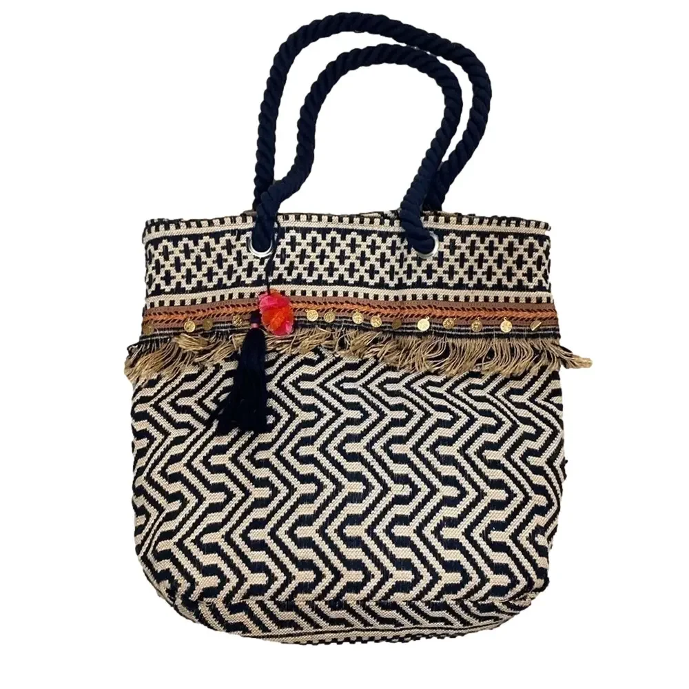 C&C California Geometric Fringe Jute Tote Beach Bag
